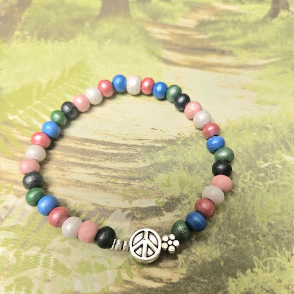 Dave Inspired Colorful Wood Beads with Silver Flowers and Peace Sign!