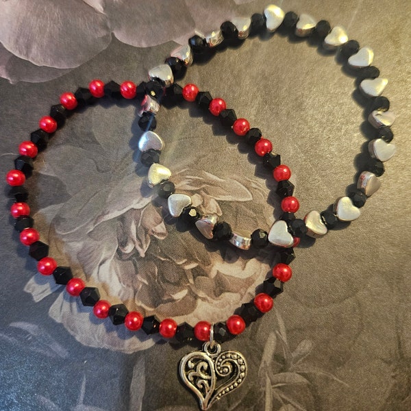 Twilight/Vampire Inspired Black and Red Bracelet Set with Silver Hearts and Large Charm!