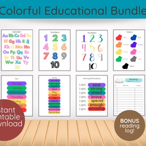 Alphabet Numbers Affirmation Days Weeks Colors Educational Colorful Homeschool Classroom Printable 8 Pages