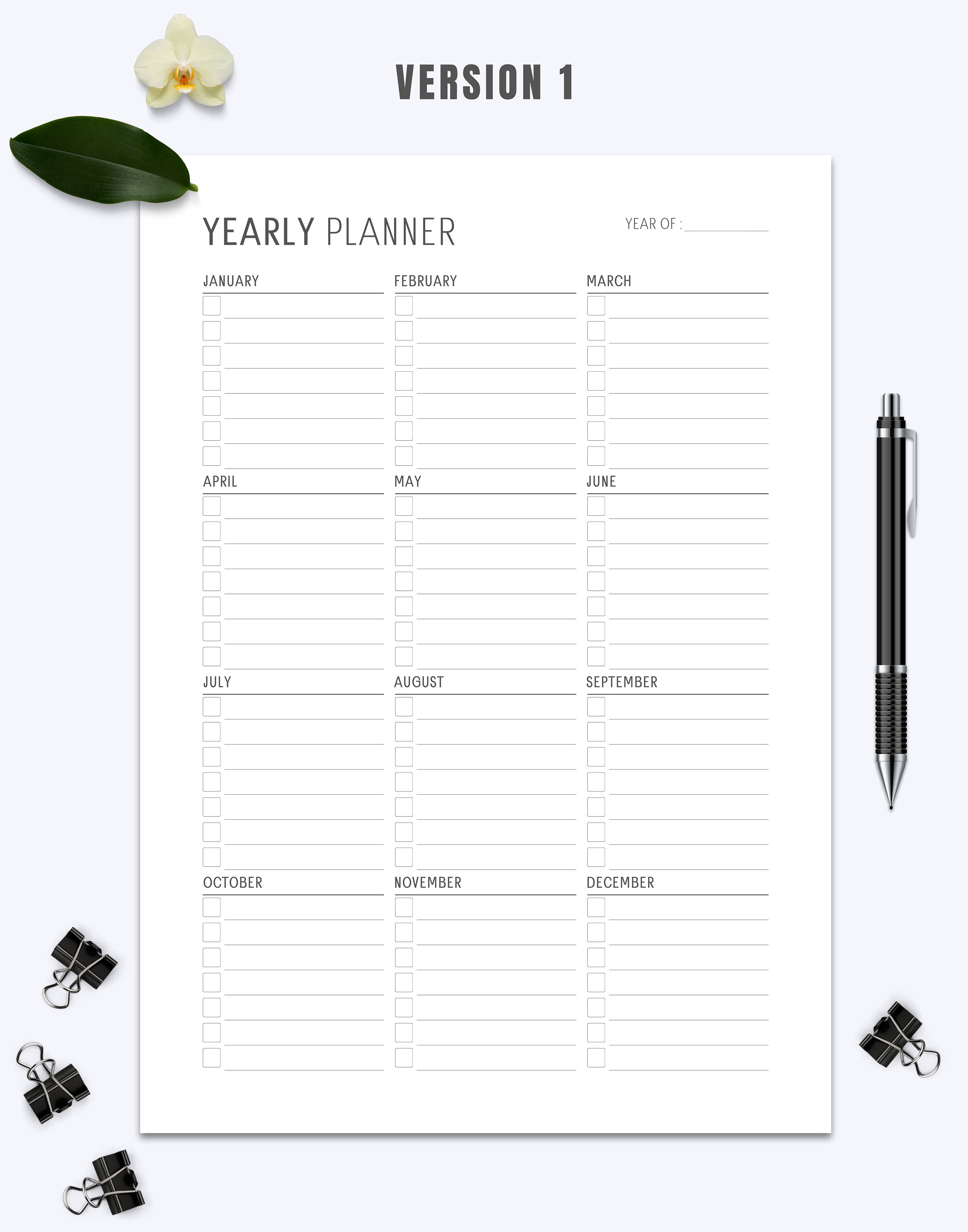 Yearly Planner Printable Minimalist Annual Overview One Page Planner ...