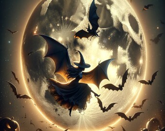 Steam Punk Witches and Bats Flying in Front of a Full Moon Digital Wall Art Printable Set of 4