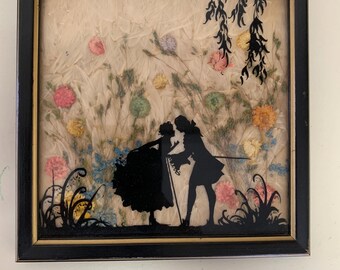 Vintage Framed Fisher Hand Painted Silhouette Picture of a Flirty Couple with Dried Flowers and Milkweed