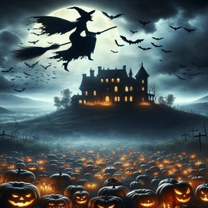 May include: A spooky Halloween scene with a witch flying on a broomstick in front of a full moon. A haunted house with lit windows sits on a hill overlooking a field of glowing jack-o'-lanterns.