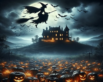 Classic Witch on a Broom flying over a dark misty field of lit pumpkins with a haunted house in the background wall art printable