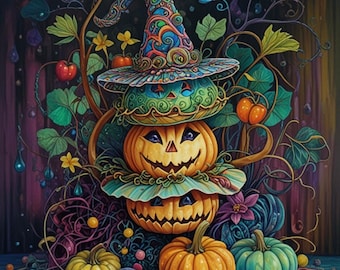 Stacks of Magical Pumpkins Digital Printable Wall Art Bundle of Three