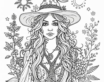 Boho Witch Coloring Book, Mystical Floral Designs (36 Page Digital Print)