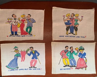 Vintage Linen Funny Cocktail Napkins Adult Humor Set of 8