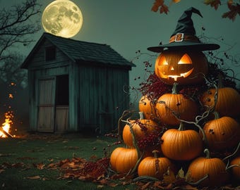 Smiley Stack of Pumpkins Under the Full Moon by a Bonfire