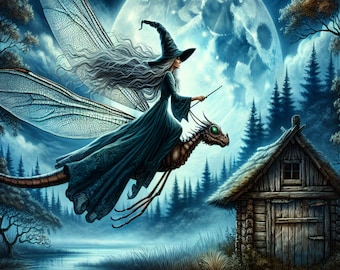 Magical Witch Flying on a Dragonfly Printable Wall Art
