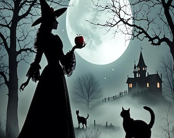 Hauntingly Beautiful Witch holding an apple with her black cats in the dazzling moonlight in front on an old house wall art printable