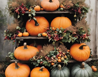 Pumpkin Rustic Farm Bundle Digital Wall Art With Vines and Berries Set of 6 Prints