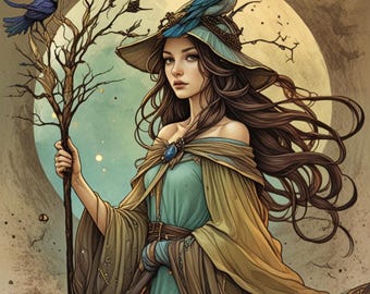Magical Mythical Witch Bundle in lovely Earthy Blue Tones Set of 6 Digital Wall Prints