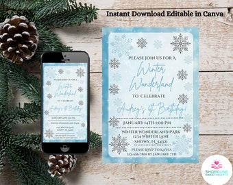 Winter Wonderland Birthday Invitation, Snowflake Party (Digital Download)