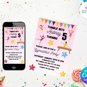 Gymnastics Birthday Party Invitation, Tumble Birthday Printable Invitation, Gymnastics Party Digital Invitation, Editable Party Invitation