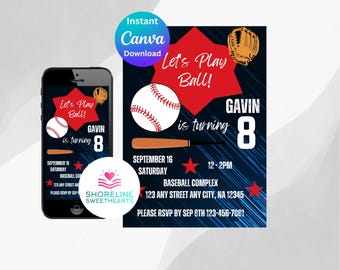 Baseball Birthday Party Invitation, Editable Canva Template (Digital Download)