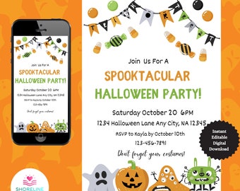 Könnte beinhalten: Druckbare Halloween-Partyeinladung mit einem niedlichen Cartoon-Geist, Kürbis, Monster und Außerirdischem. Die Einladung ist orange und schwarz mit dem Text "Join Us For A Spooktacular Halloween Party!" und enthält Datum, Uhrzeit, Ort und RSVP-Informationen.