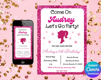 Doll Birthday Party Invitation, Editable Template (Digital Download)
