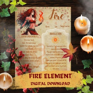 Fire elemental printable, four elements correspondences wall art, elemental witch guide, wiccan ritual decor, pagan altar supplies, grimoire