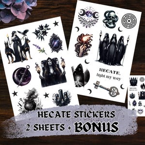 Hecate goddess of witchcraft stickers printable, Wiccan pagan grimoire, Dark goddesses book, Grimoire sticker art, Hecate altar supplies