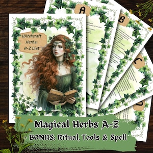Magische Kräuter A-Z zum Ausdrucken, Hexen-Kräuterführer, Kräuter-Grimoire-Seiten, Wicca-Kräuterliste für Zauber und Rituale, Apothekerpflanzen