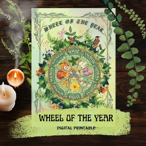 Wheel of the year print, witchcraft sabbats, grimoire printable art, witchcraft basics, wiccan celtic wheel, pagan rituals, greenwitch print