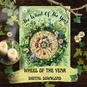 Stampa d'arte ruota dell'anno, corrispondenze del sabba pagano, grimorio digitale stampabile, decorazione wiccan, arte della strega della natura, altare del paganesimo