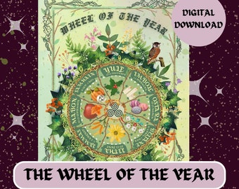 Wheel of the year print, witchcraft sabbats, grimoire printable art, witchcraft basics, wiccan celtic wheel, pagan rituals, greenwitch print