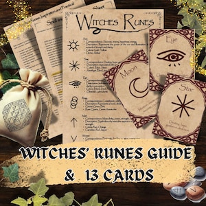 Guide imprimable des runes de sorcières, 13 cartes oracle de runes wiccanes téléchargeables au format PDF, art numérique grimoire, fournitures de sorcellerie, ensemble de runes magiques