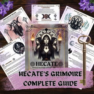 Puede incluir: Una guía digital imprimible sobre la diosa griega Hécate, con una imagen de ella de tres cabezas, antorchas y un pentagrama. La guía incluye información sobre rituales, símbolos y afirmaciones.