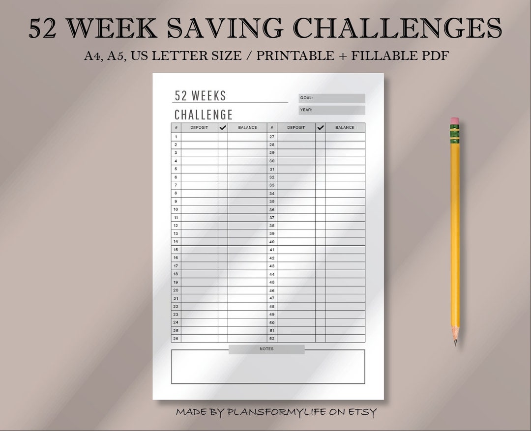 52 Week Saving Challenges Printable Fillable PDF Savings Trackers
