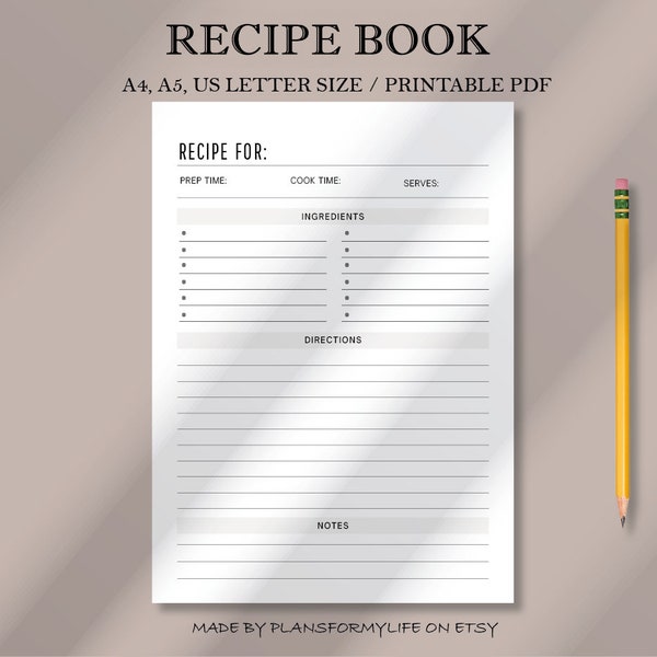 Recipe Book Template Printable, Printable Recipe Binder, Recipe Page, Cookbook Template, Recipe Organizer, A4/A5/US Letter, Instant Download