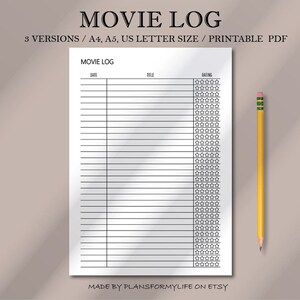 Registro de películas imprimible, Películas para ver, Registro de películas, Películas que he visto, Rastreador de películas, Diario de películas, Tamaño A4/A5/Carta, Descarga instantánea de PDF