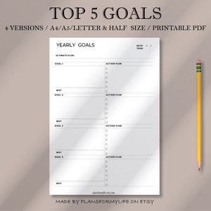Los 5 objetivos principales, objetivos anuales, objetivos trimestrales, objetivos mensuales, objetivos semanales, tamaño A4/A5/Carta/medio, PDF imprimible, descarga instantánea