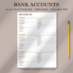 Bankkontoinformationen Tracker zum Ausdrucken, Bankkontenlog, Bankkontenliste, Bankkontendetails, A4/A5/US Letter, Sofort Download