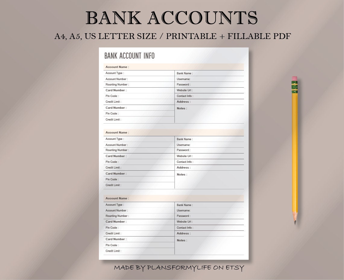 Bank Account Information Tracker Printable, Bank Account Log, Bank Account List, Bank Account Details, A4/A5/US Letter, Instant Download - Etsy for Bank Account Information Free Printable