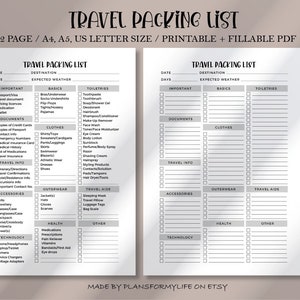 Lista de embalagem de viagem para impressão, documentos de viagem, eletrônicos, roupas e sapatos, acessórios, produtos de higiene pessoal/saúde, etc., tamanho carta A4/A5/EUA