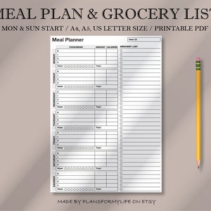 Tygodniowy plan posiłków z listą zakupów do wydrukowania, 7-dniowy plan menu, pon.-niedz., planer żywieniowy, zdrowie i fitness, A4/A5/US Letter, natychmiastowe pobieranie