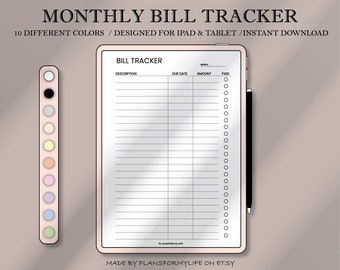 Monthly Bill Tracker, Bill Payment Checklist, Bill Organizer, Finance Planner, Goodnotes, Notability, iPad & Tablet, Instant Download