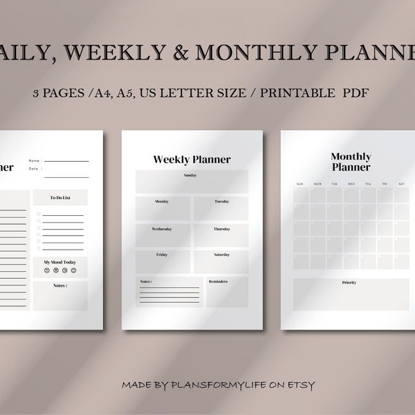 Daily Planner, Weekly Planner, Monthly Planner, Printable planner, Planner set, Planner Inserts, Instant Download, A4/A5/US Letter Size