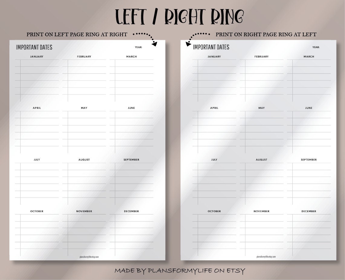 Yearly Important Dates Printable Birthdays Anniversaries - Etsy