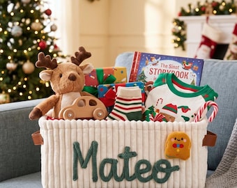 Personalized Christmas Basket • Baby Shower Gift • Toy Organizer • I-Cord Knitting Craft
