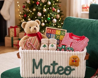 Personalized Christmas Basket • Baby Shower Gift • Toy Organizer • I-Cord Knitting Craft