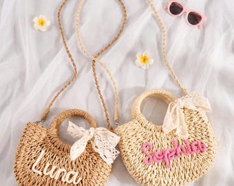 Personalized Kids Straw Bag • Summer Beach Tote • Custom Name Purse • Toddler Crossbody • Baby Gift