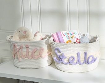 Personalized Handmade Basket • Baby Gift • Baby Shower Gift • Baby Basket • I-Cord Knitting Craft • Toy Organizer • Name Cotton Rope Basket