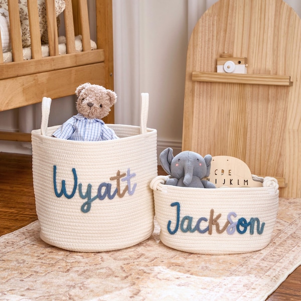 Personalisierter handgemachter Korb • Baby-Dusche-Geschenk • Spielzeug Organizer • I-Cord Stricken Handwerk