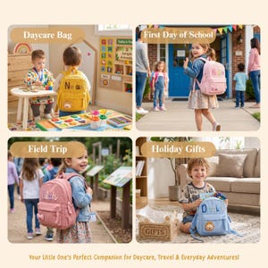 May include: A collection of four personalised children's backpacks in yellow, pink, and blue, each featuring embroidered names like Nolan, Hallie, Lilah, and Daniel, along with small animal patches, front zippered pockets, and adjustable straps.