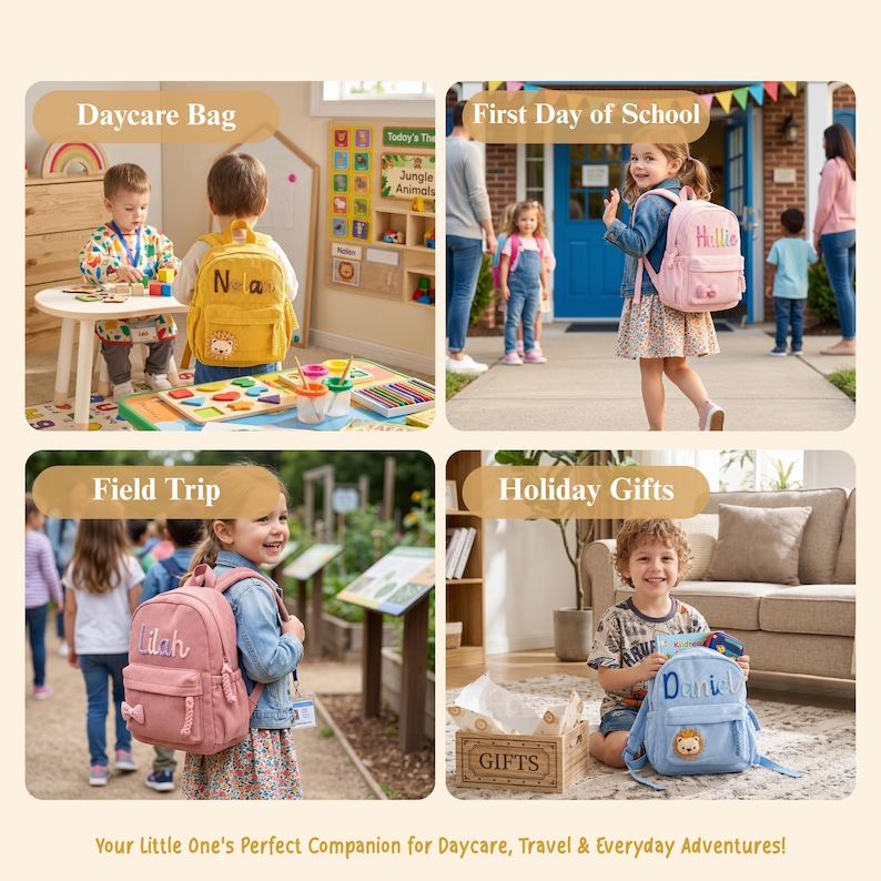 May include: A collection of four personalised children's backpacks in yellow, pink, and blue, each featuring embroidered names like Nolan, Hallie, Lilah, and Daniel, along with small animal patches, front zippered pockets, and adjustable straps.