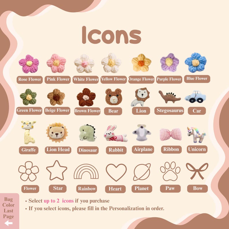 May include: A collection of small crochet icons including various coloured flowers, a bear, lion, stegosaurus, car, giraffe, lion head, dinosaur, rabbit, aeroplane, ribbon, and unicorn, alongside line art icons of a flower, star, rainbow, heart, planet, paw, and bow.