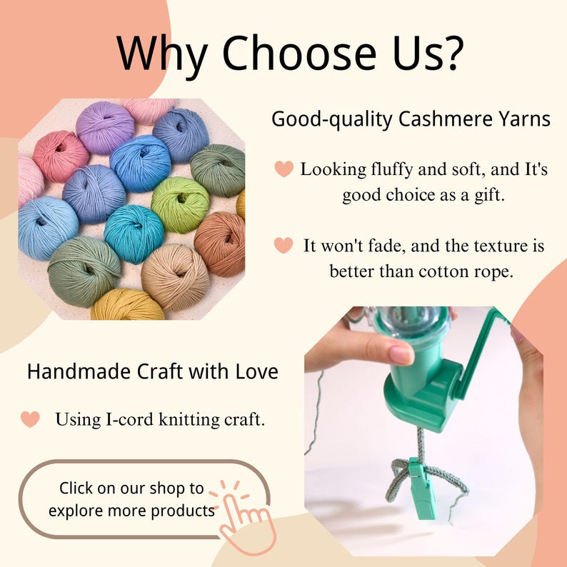 May include: An image showcasing colorful balls of yarn in various shades, including pink, blue, green, and brown. The text reads "Why Choose Us?" and highlights the yarn's quality and softness. A green yarn winder is also shown.