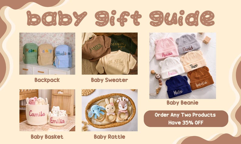 May include: A baby gift guide featuring personalized items. The image showcases backpacks, sweaters, beanies, baskets, and rattles. The items are in various colors, with names embroidered on them. The text "baby gift guide" is at the top.